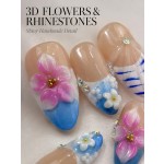Blue‑Blossom 3D Floral Press‑On Nails, Medium‑Long Almond Handmade False Nails with Shell & Stripe Art